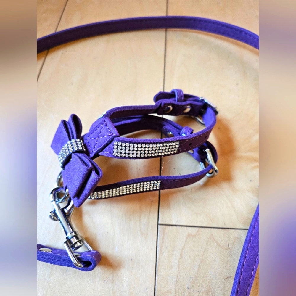 PURPLE RHINESTONE SUEDE FEEL HARNESS WITH MATCHING LEASH.